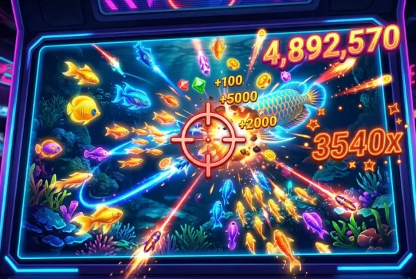 Fish table game screen mid combo with crosshair targeting and rising score counter