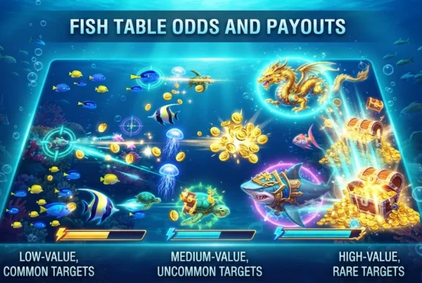 Fish table game odds and payouts concept with underwater arcade elements