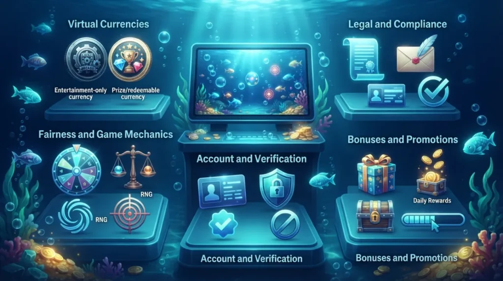 Fish table and sweepstakes casino terms shown with gaming and compliance symbols