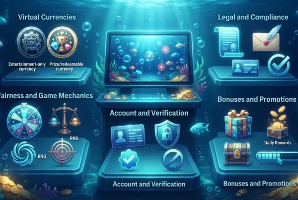 Fish table and sweepstakes casino terms shown with gaming and compliance symbols