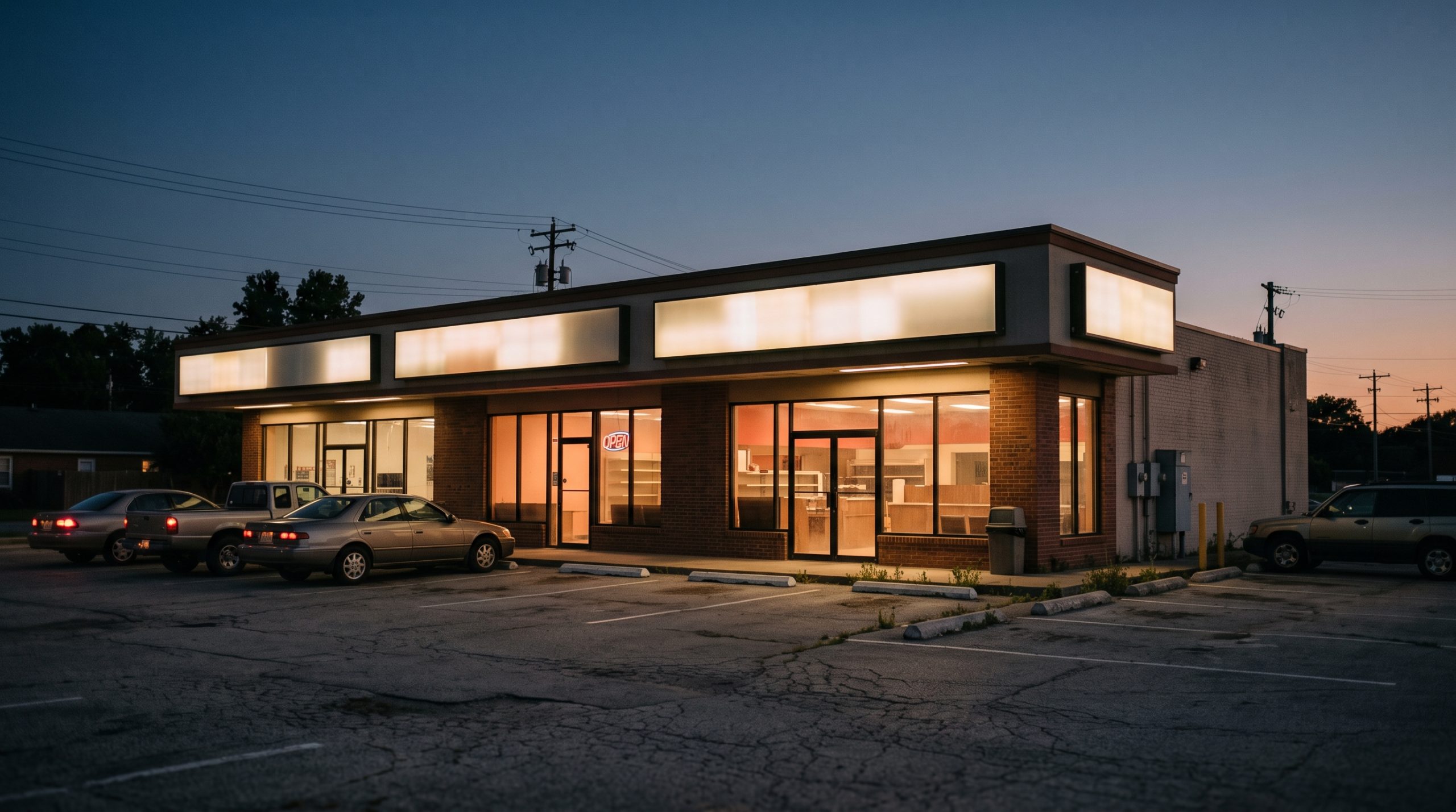 Strip-mall storefront at dusk with a blank sign