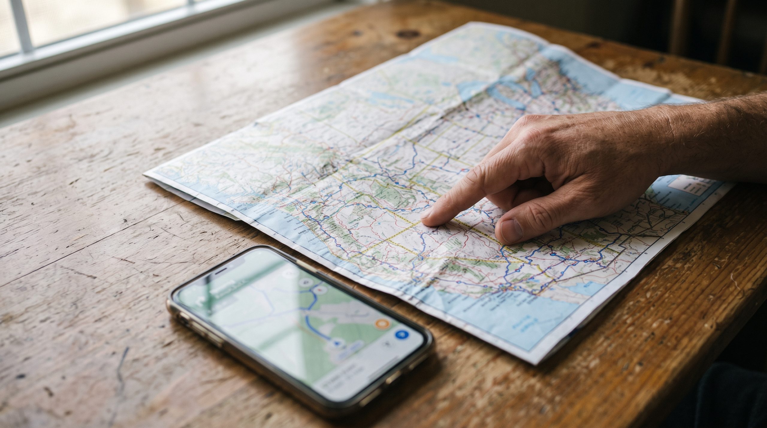 Finger tracing a state outline on a US map next to a phone