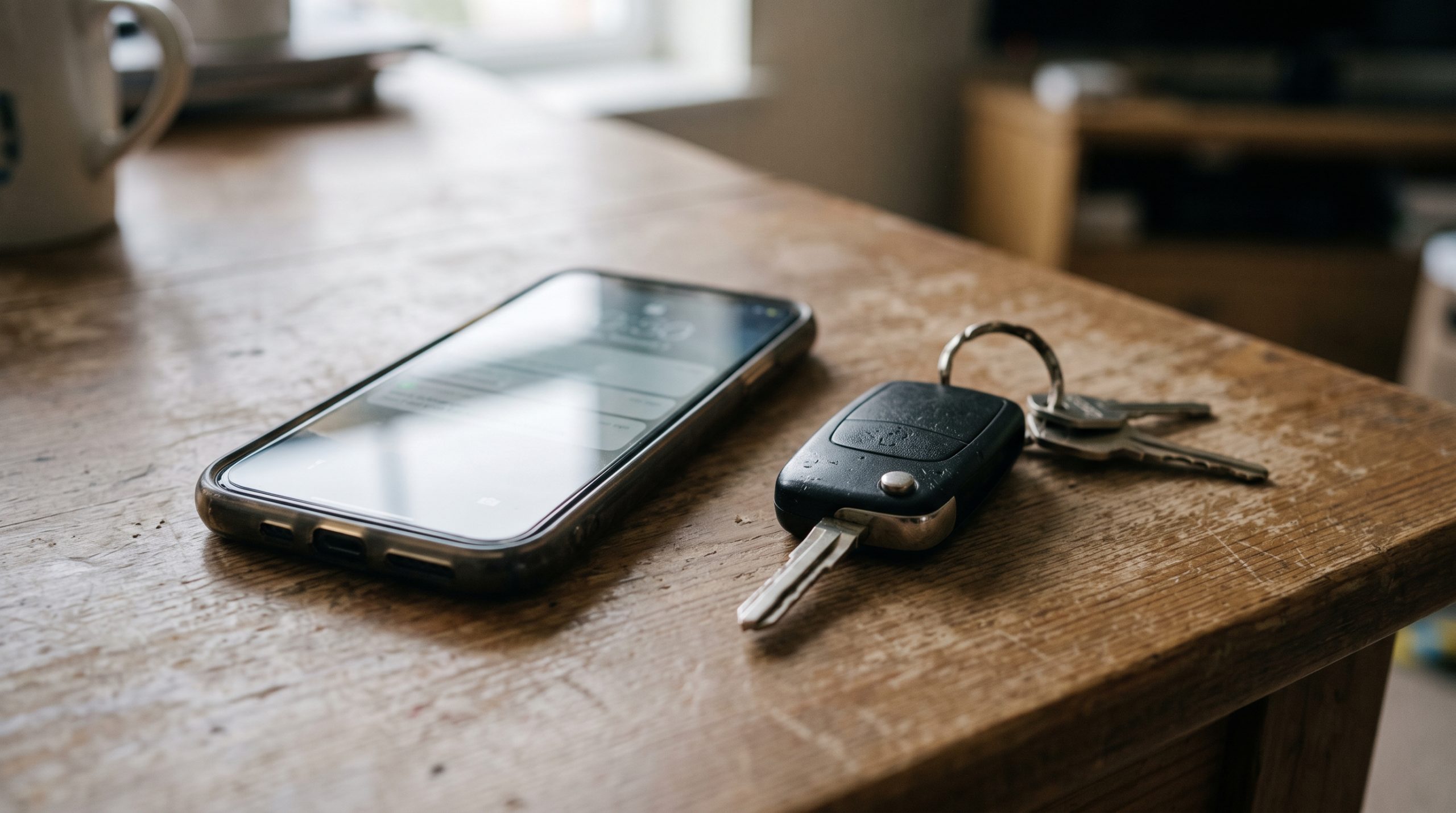 Smartphone and car key on a table representing a choice between online play and a local room