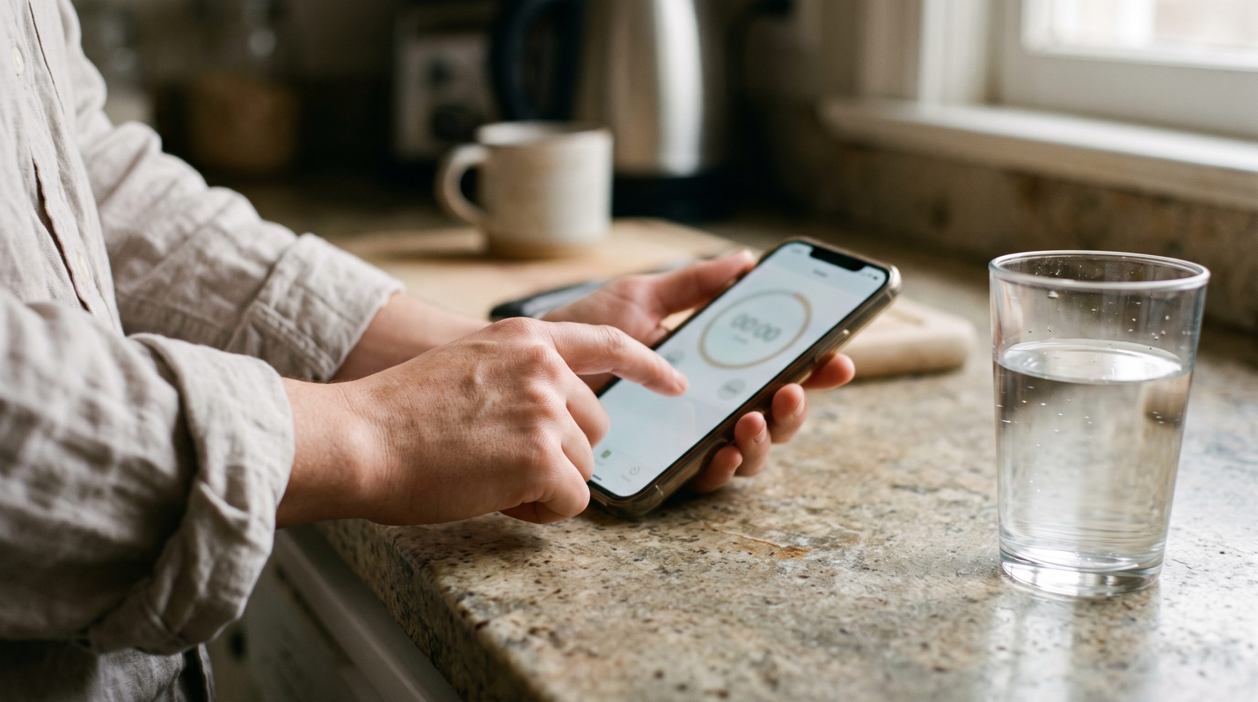 Hands setting a phone timer on a kitchen counter next to a glass of water