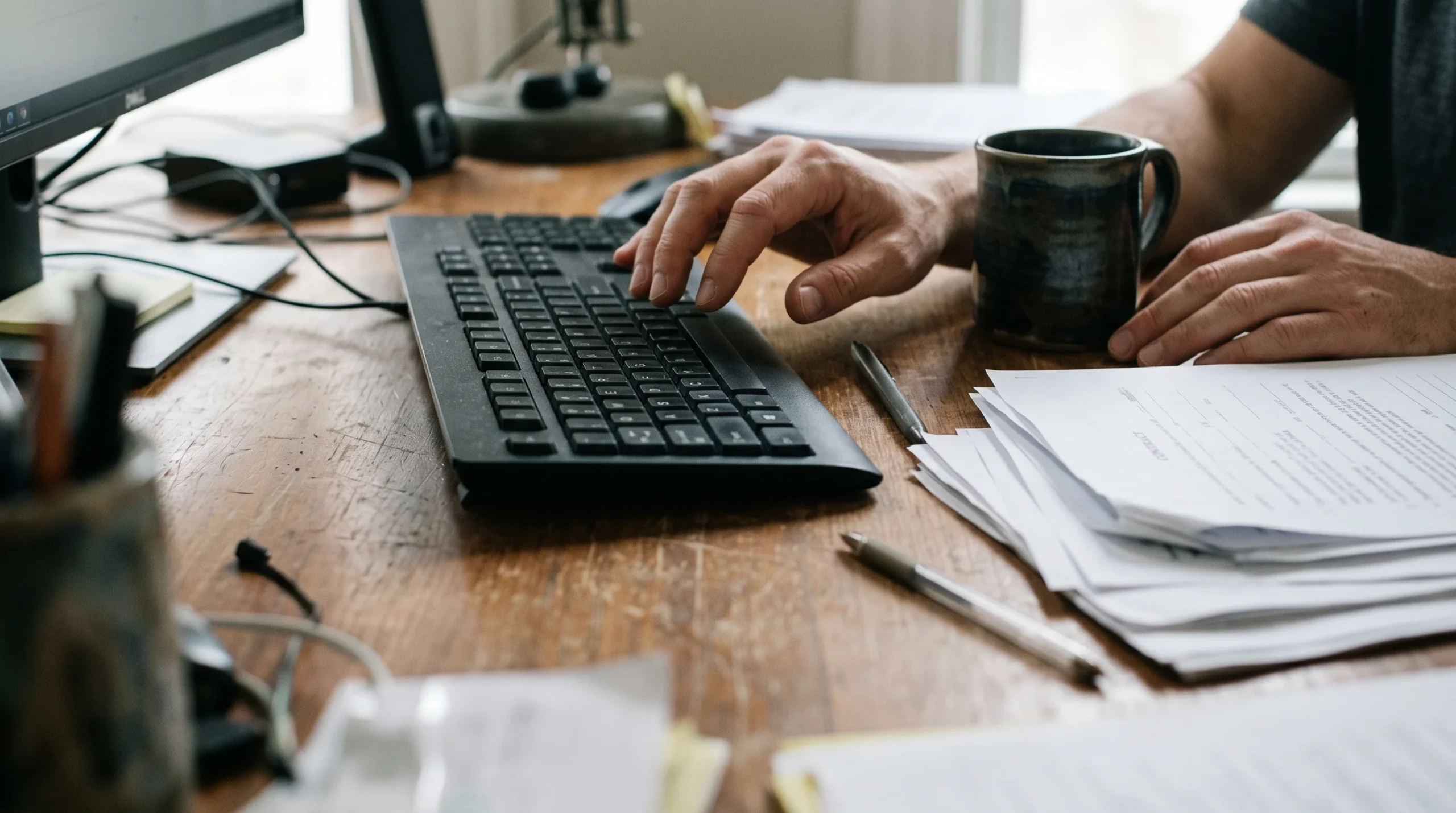 Hands pausing over a keyboard beside a stack of unsigned papers