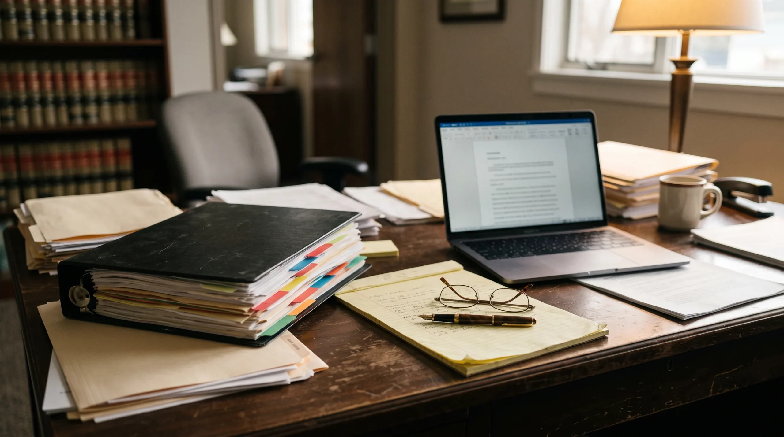Desk with a legal binder, laptop and pen used for a gaming law review