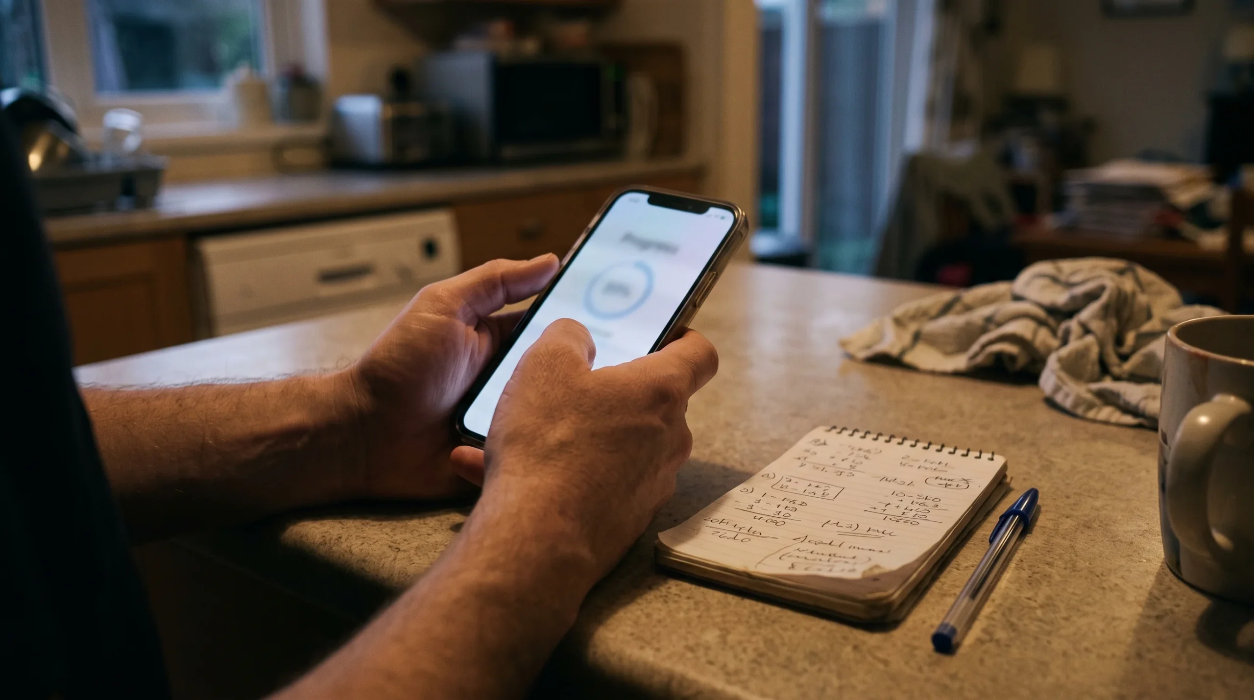 Hands holding a phone with a pending progress screen beside a notebook of calculations