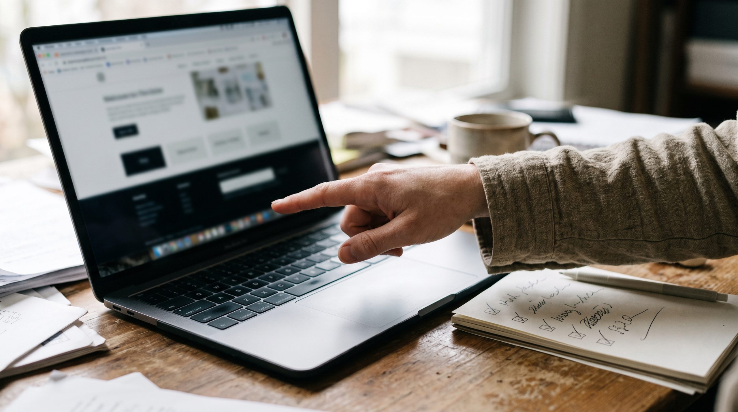 Hand pointing at the footer of a website to verify company details