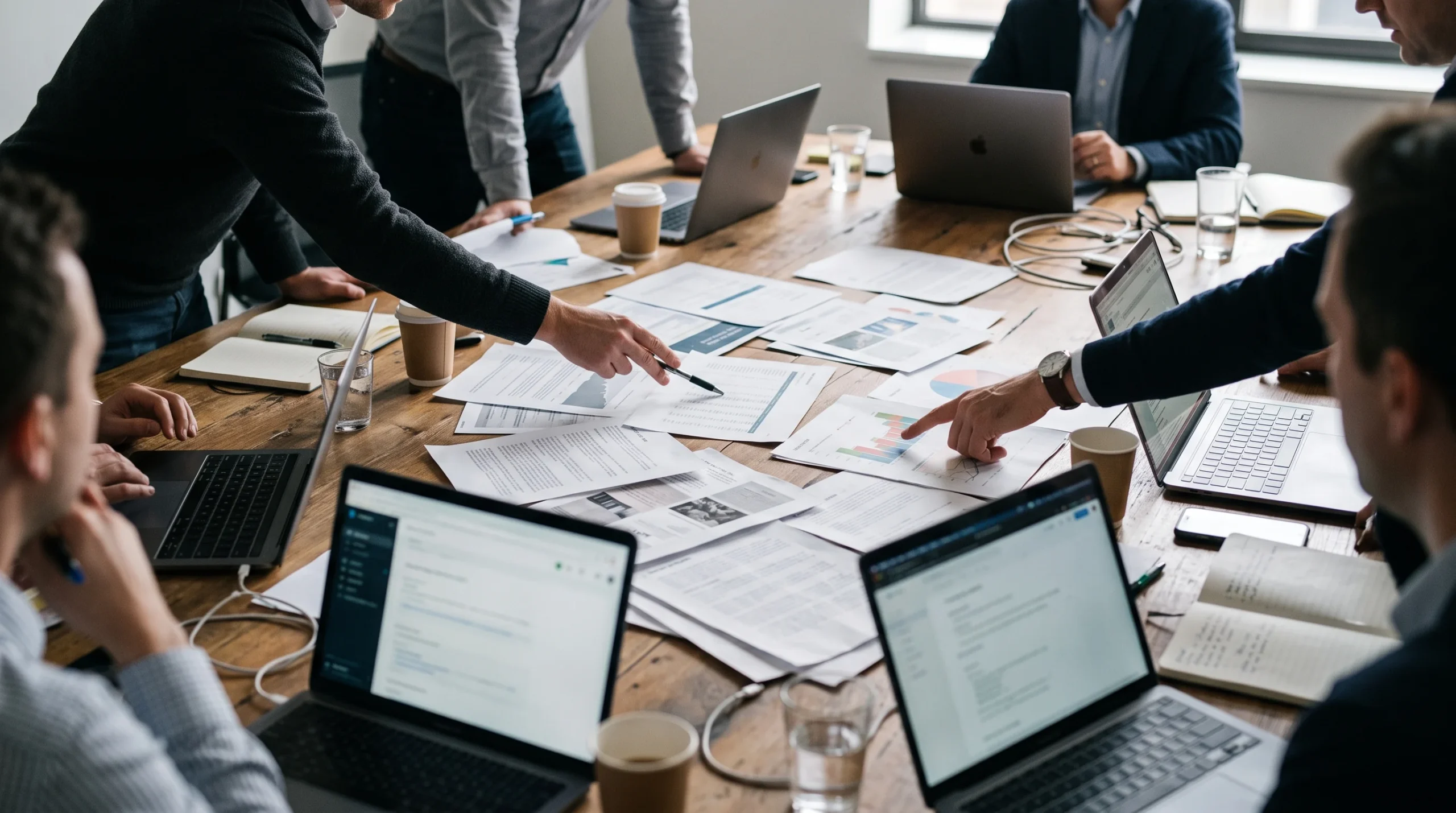 Hands pointing at several vendor proposals fanned out on a conference table