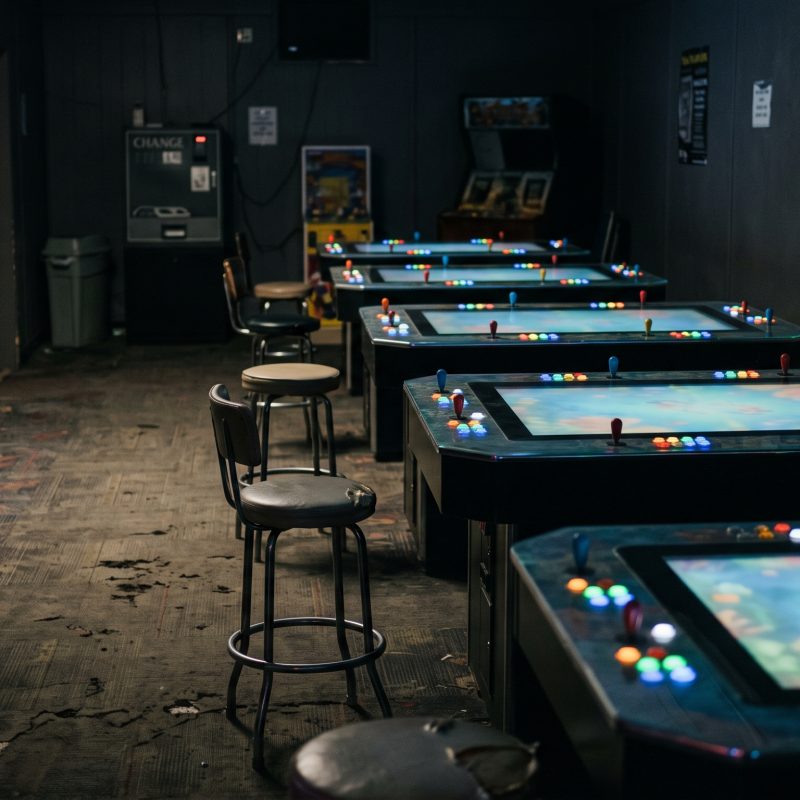 Row of glowing fish game cabinets in an empty arcade room for fish table games near me (includes the focus keyphrase)