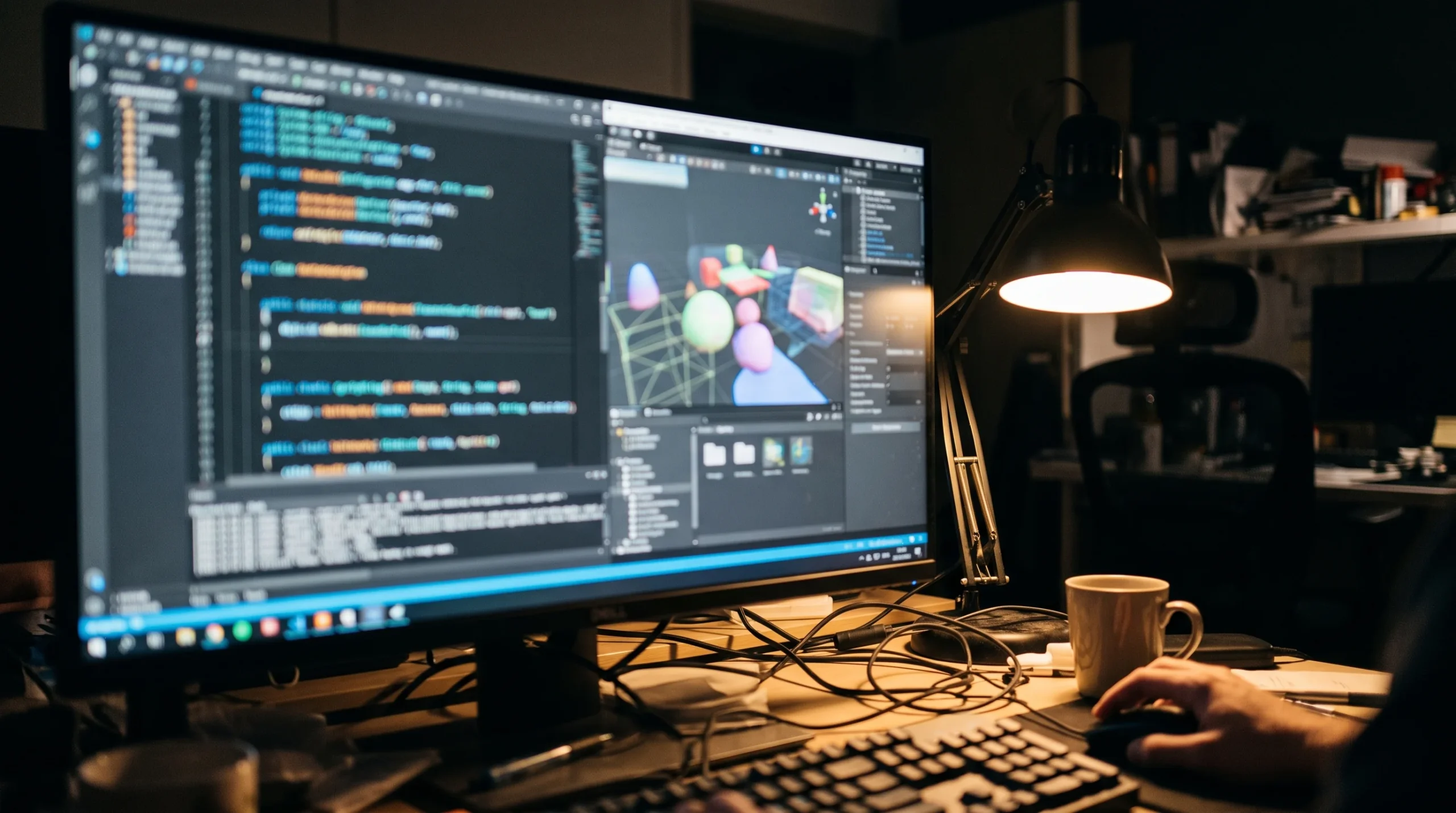 Developer monitor with blurred code and a game build window