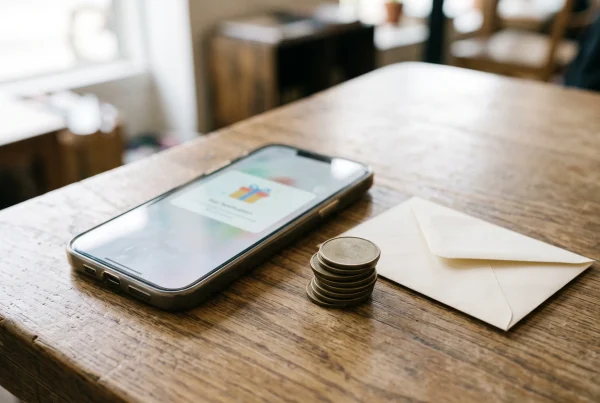Smartphone with a gift notification beside plain tokens and an envelope for a fish table no deposit bonus (includes the focus keyphrase)