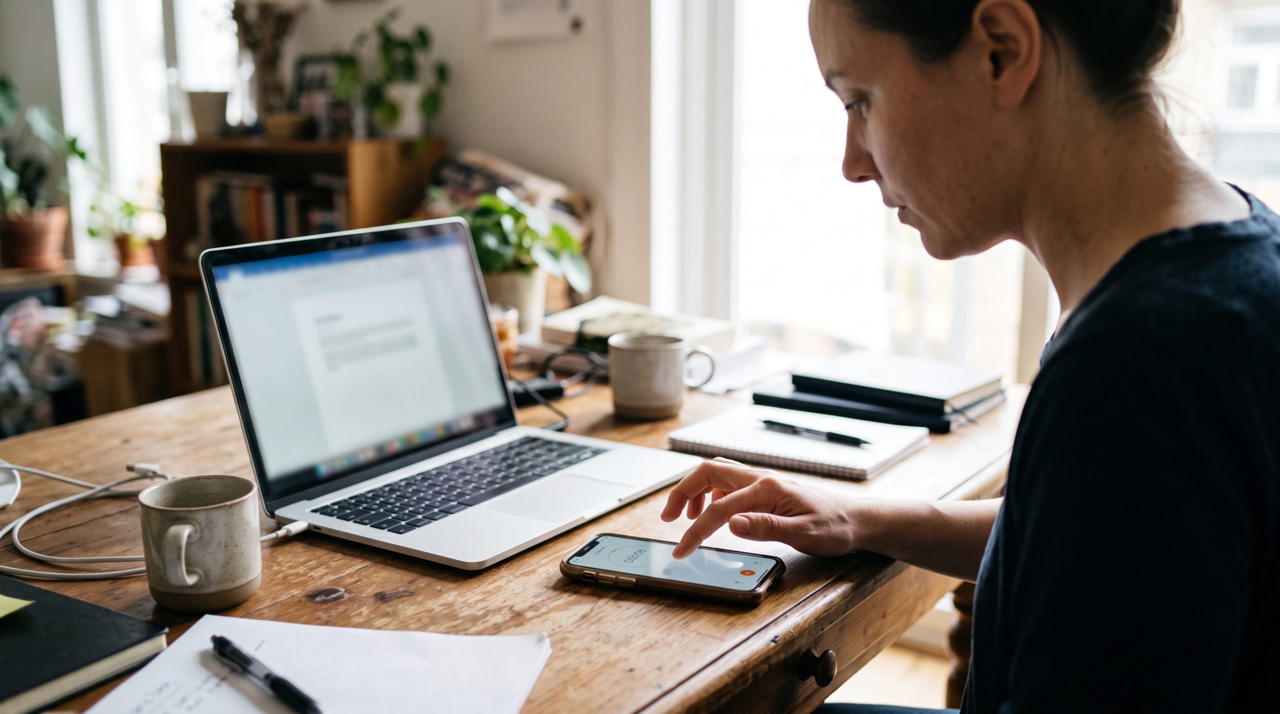 Adult setting a phone timer next to a laptop before signing up for a casino site