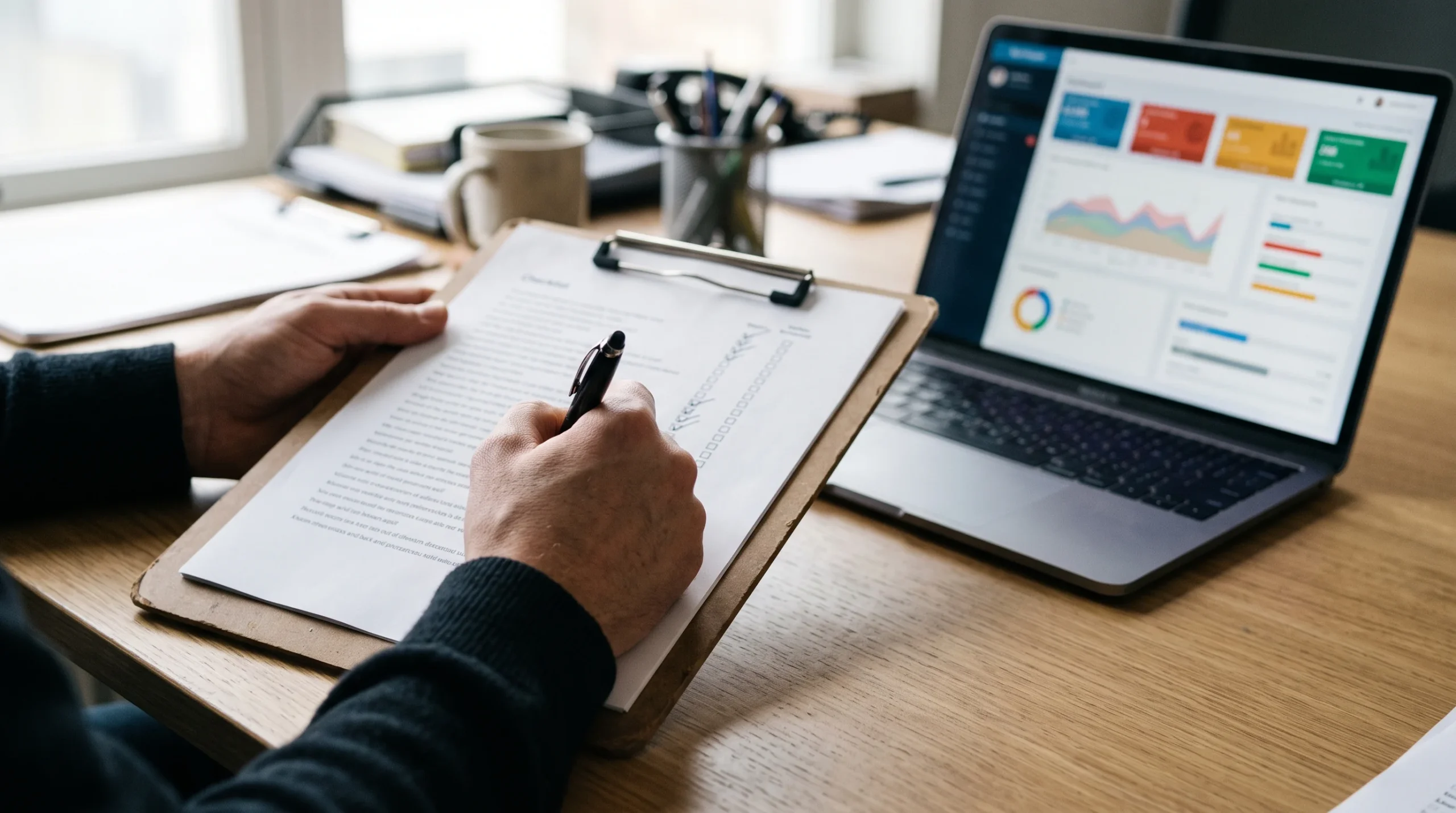 Hands ticking a vetting checklist on a clipboard beside a laptop dashboard
