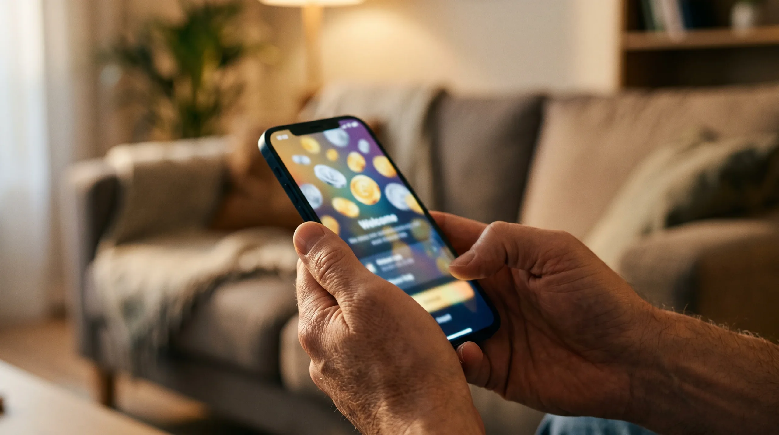 Hands holding a phone with a blurred welcome screen showing starter coins